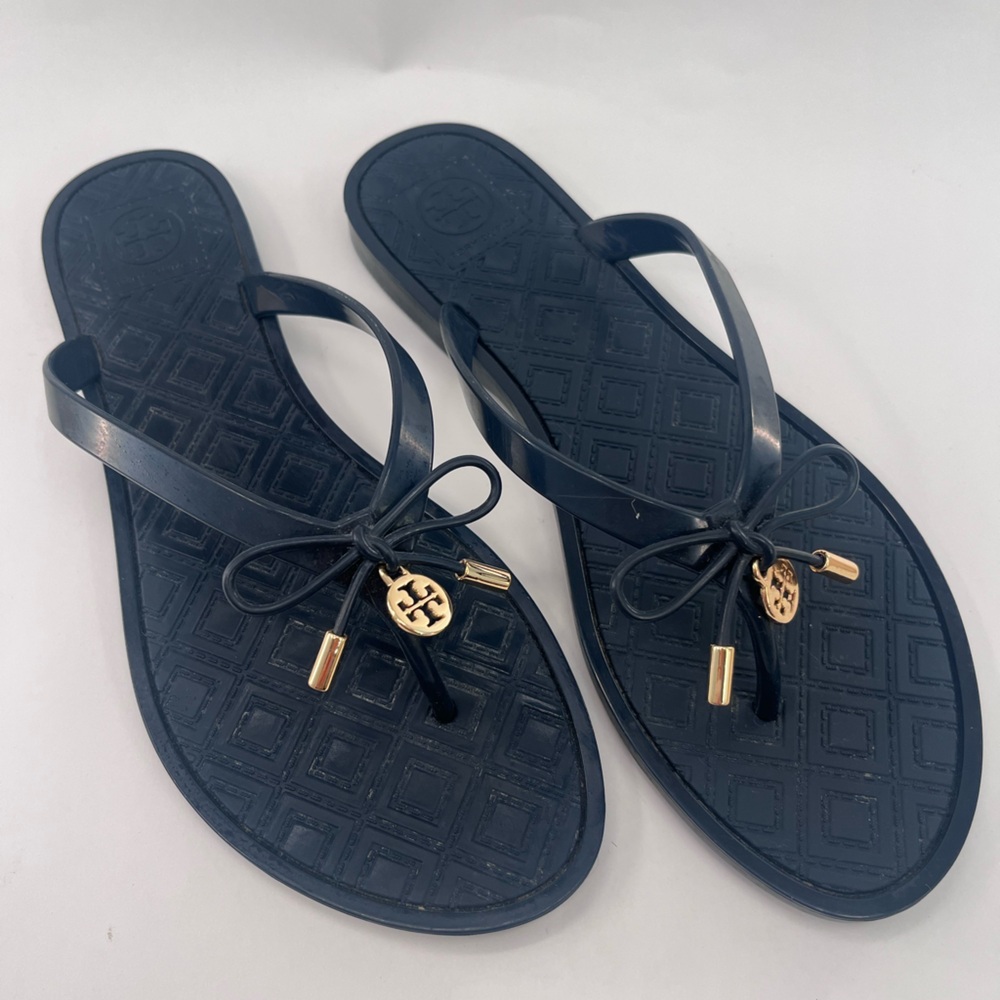 Tory Burch Blue and Gold Sandals with Elegant Accents